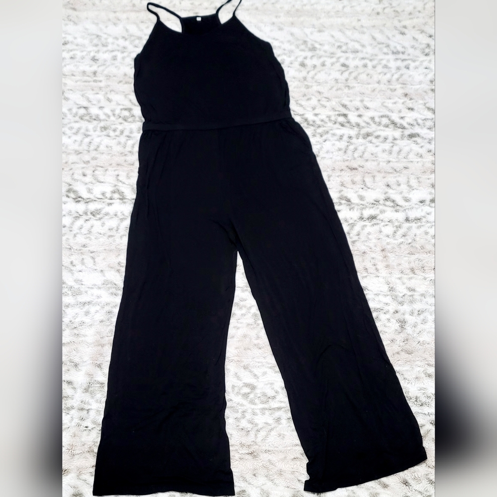 Woman's One Piece Black Soft Jumpsuit Overalls With Pockets Wide Legs